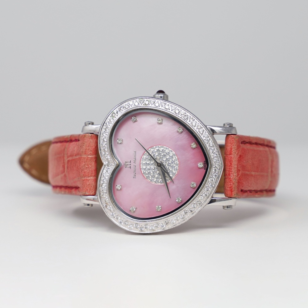 Techno Mania pink Heart Shaped White Diamond Ladies Stainless Steel Watch